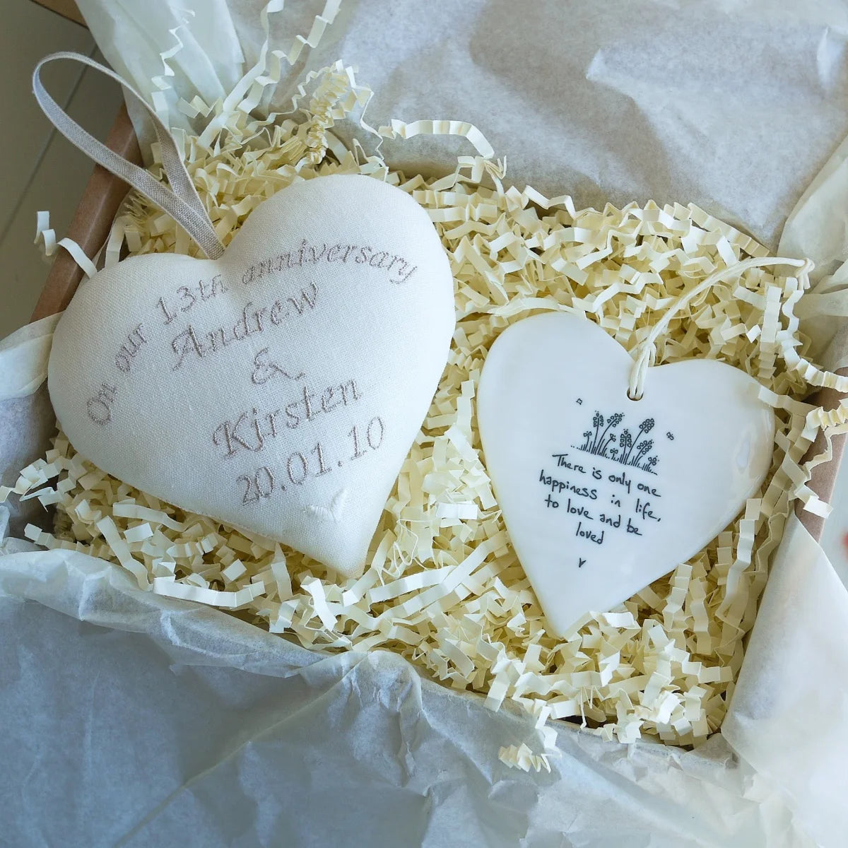 13th Anniversary Personalised Gift Heart with Porcelain Heart Ornament