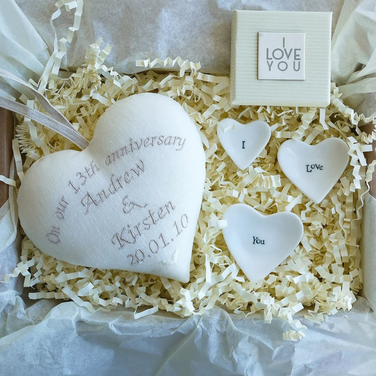 13th Anniversary Personalised Lace Gift Heart and Ring Dishes