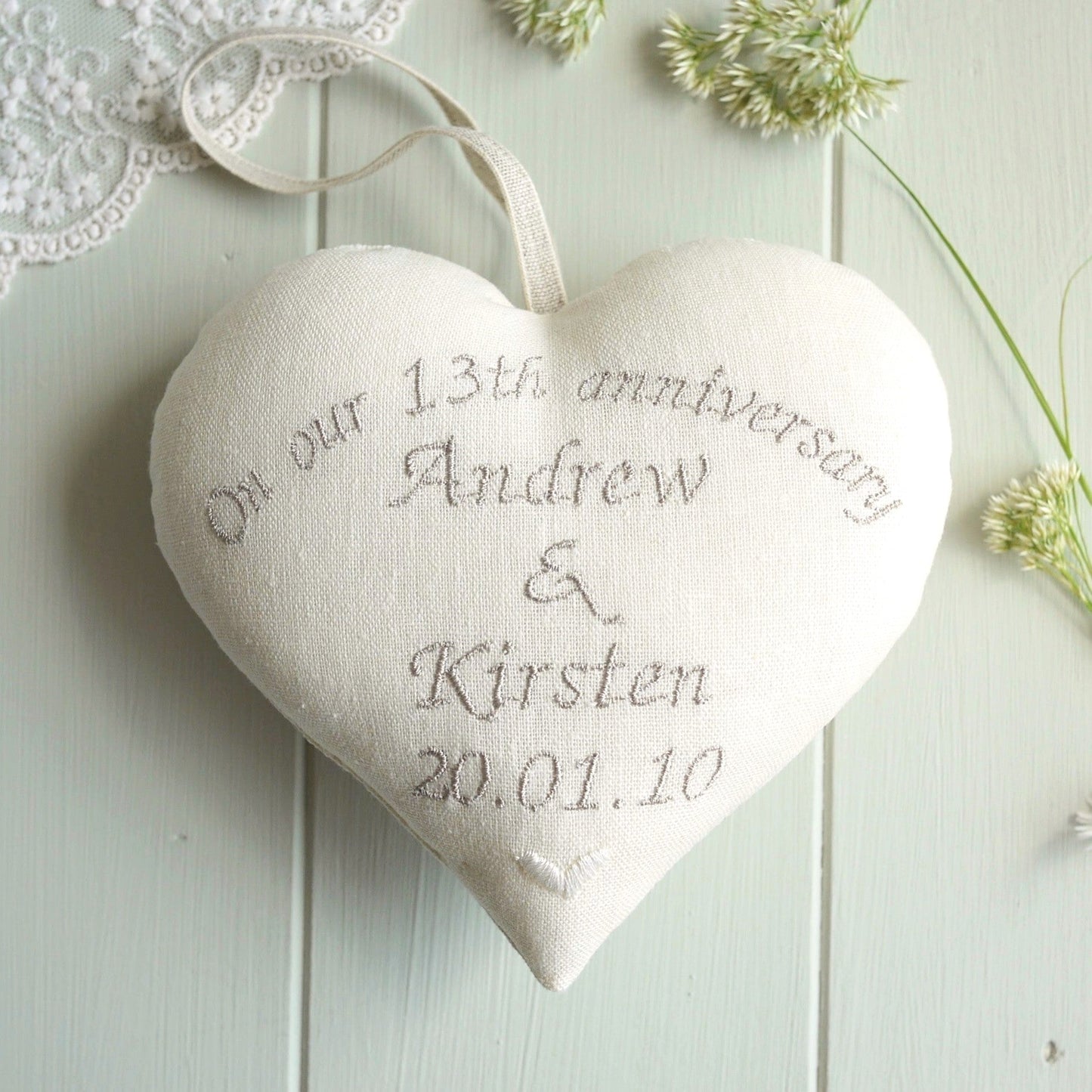 13th Lace Anniversary Embroidered Heart Gift
