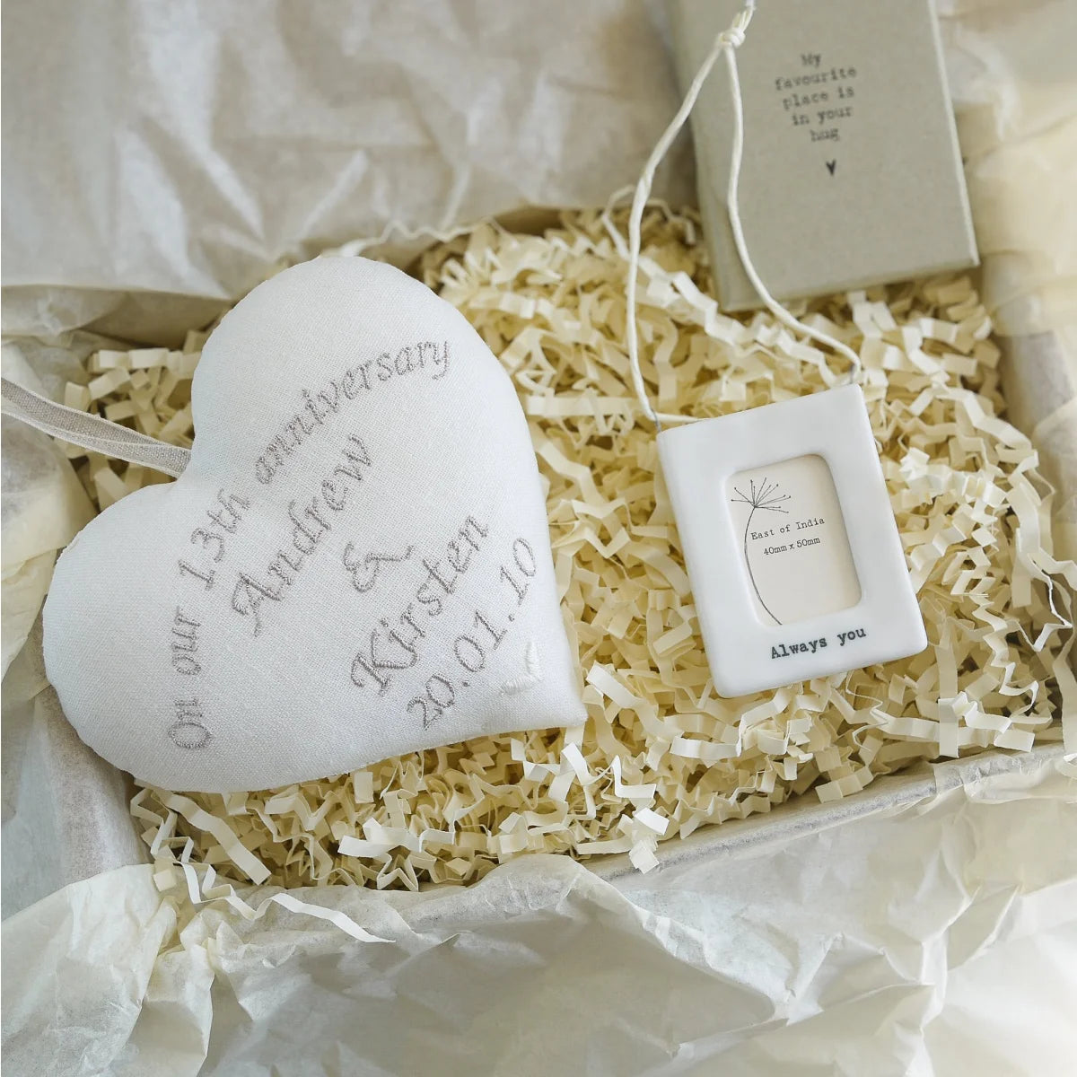 13th Lace Anniversary Gift Embroidered Heart and mini porcelain photo frame