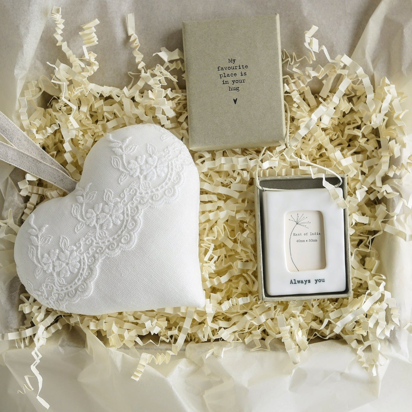 13th Lace Anniversary Gift Embroidered Heart and mini porcelain photo frame