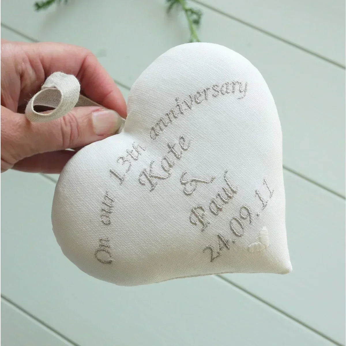 13th Lace Anniversary Gift Embroidered Heart and mini porcelain photo frame