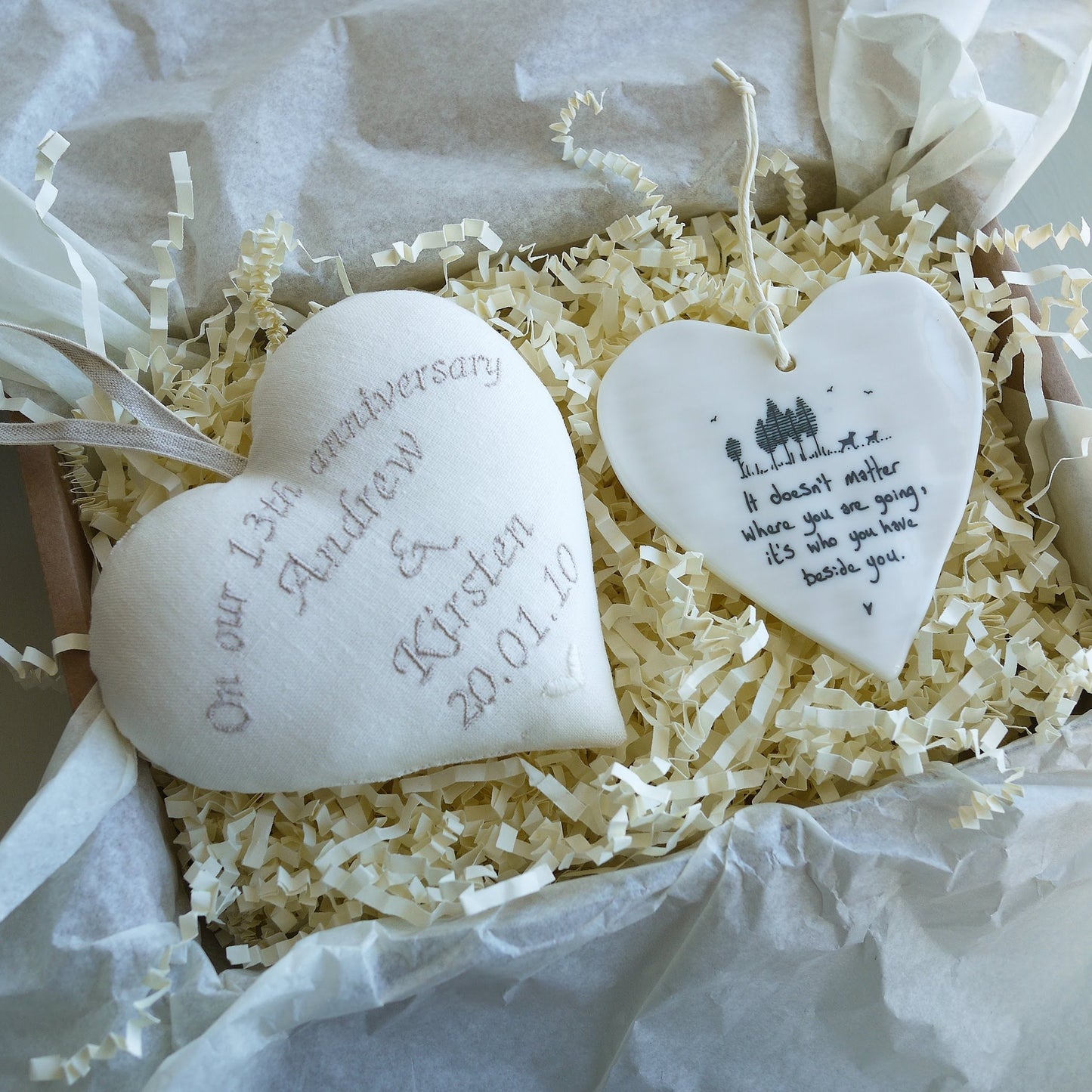 13th Lace Anniversary Personalised Gift Heart with Porcelain Heart Ornament Prep collection