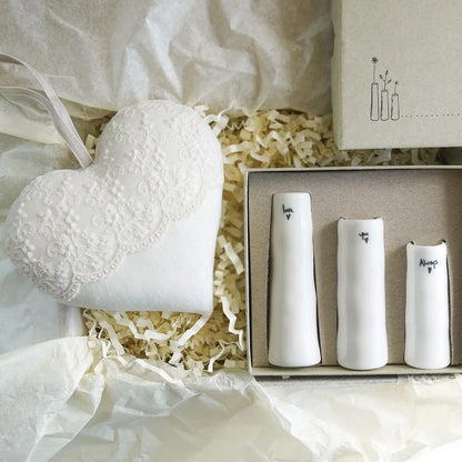 13th Lace Wedding Anniversary Gift Heart with Trio of Bud Vases