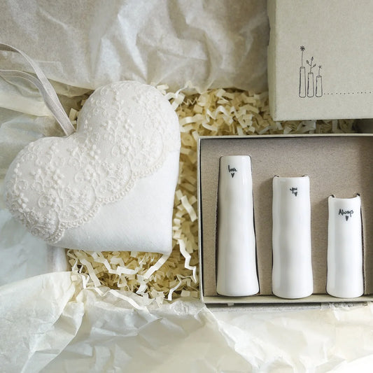 13th Lace Wedding Anniversary Gift Heart with Trio of Bud Vases