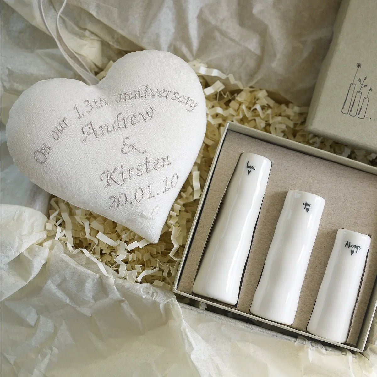 13th Lace Wedding Anniversary Gift Heart with Trio of Bud Vases