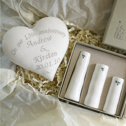 13th Lace Wedding Anniversary Gift Heart with Trio of Bud Vases