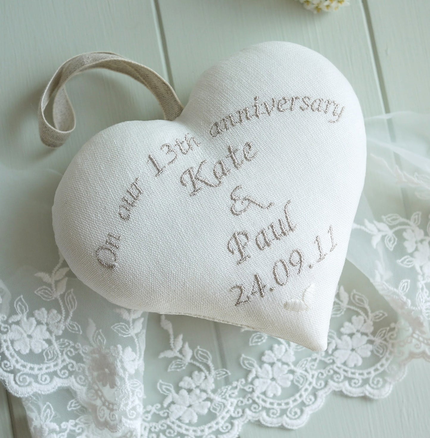 13th Lace Wedding Anniversary Gift Heart with Trio of Bud Vases