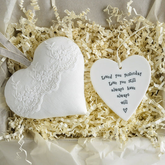 13th Lace Wedding Anniversary Personalised Gift Heart With Porcelain Hanging Heart