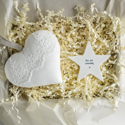 13th Wedding Anniversary Lace Gift Heart with Porcelain Star