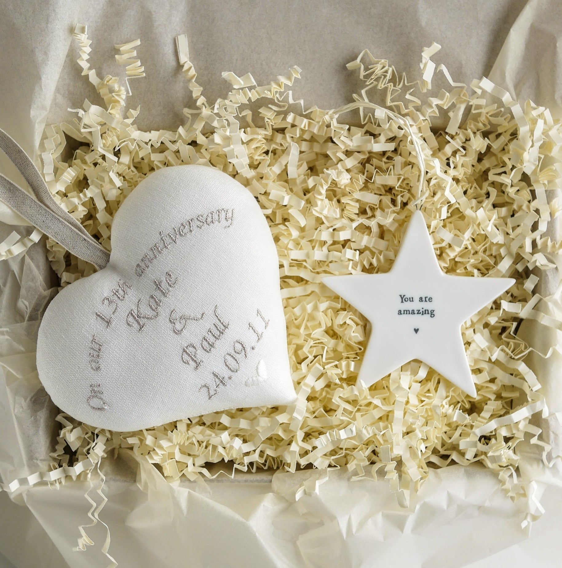 13th Wedding Anniversary Lace Gift Heart with Porcelain Star