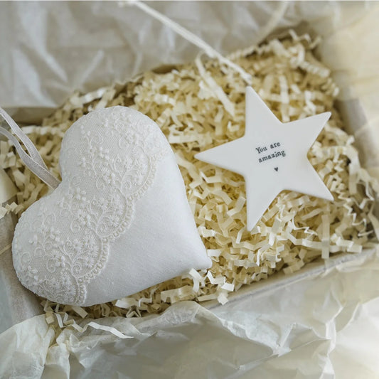 13th Wedding Anniversary Lace Gift Heart with Porcelain Star