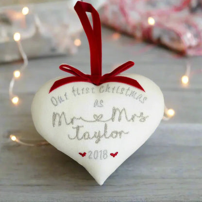 1st Christmas Married Gift Embroidered Heart with Scalloped Edge Decoration