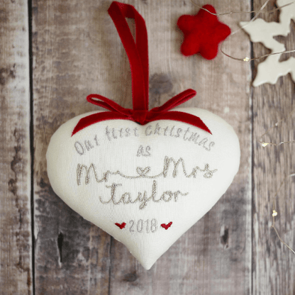 1st Christmas Married Gift Embroidered Heart with Scalloped Edge Decoration