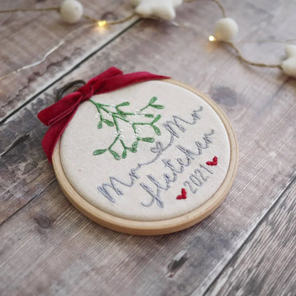 1st Christmas Married Mr and Mrs Embroidered Mistletoe Tree Decoration
