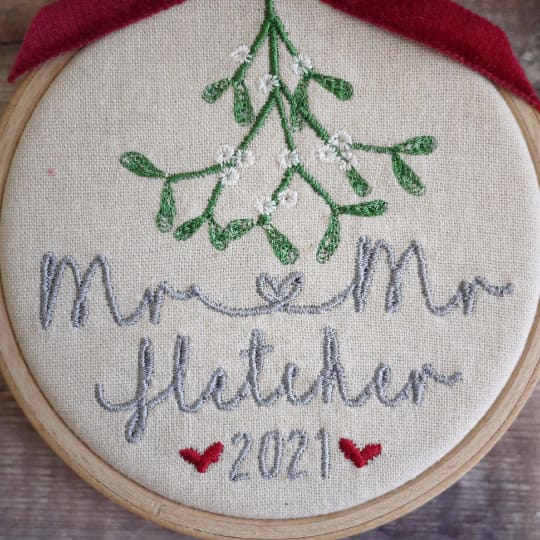 1st Christmas Married Mr and Mrs Embroidered Mistletoe Tree Decoration