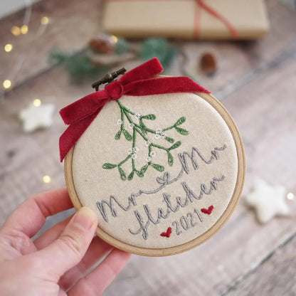 1st Christmas Married Mr and Mrs Embroidered Mistletoe Tree Decoration