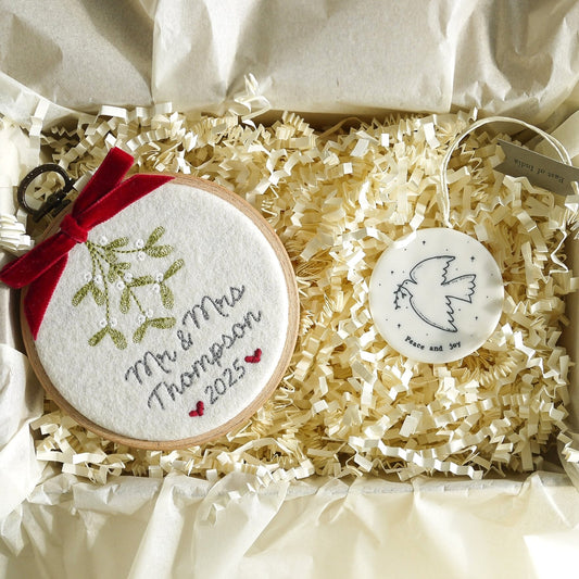 1st Christmas Mr and Mrs Gift - Mistletoe Hoop with Porcelain Bauble