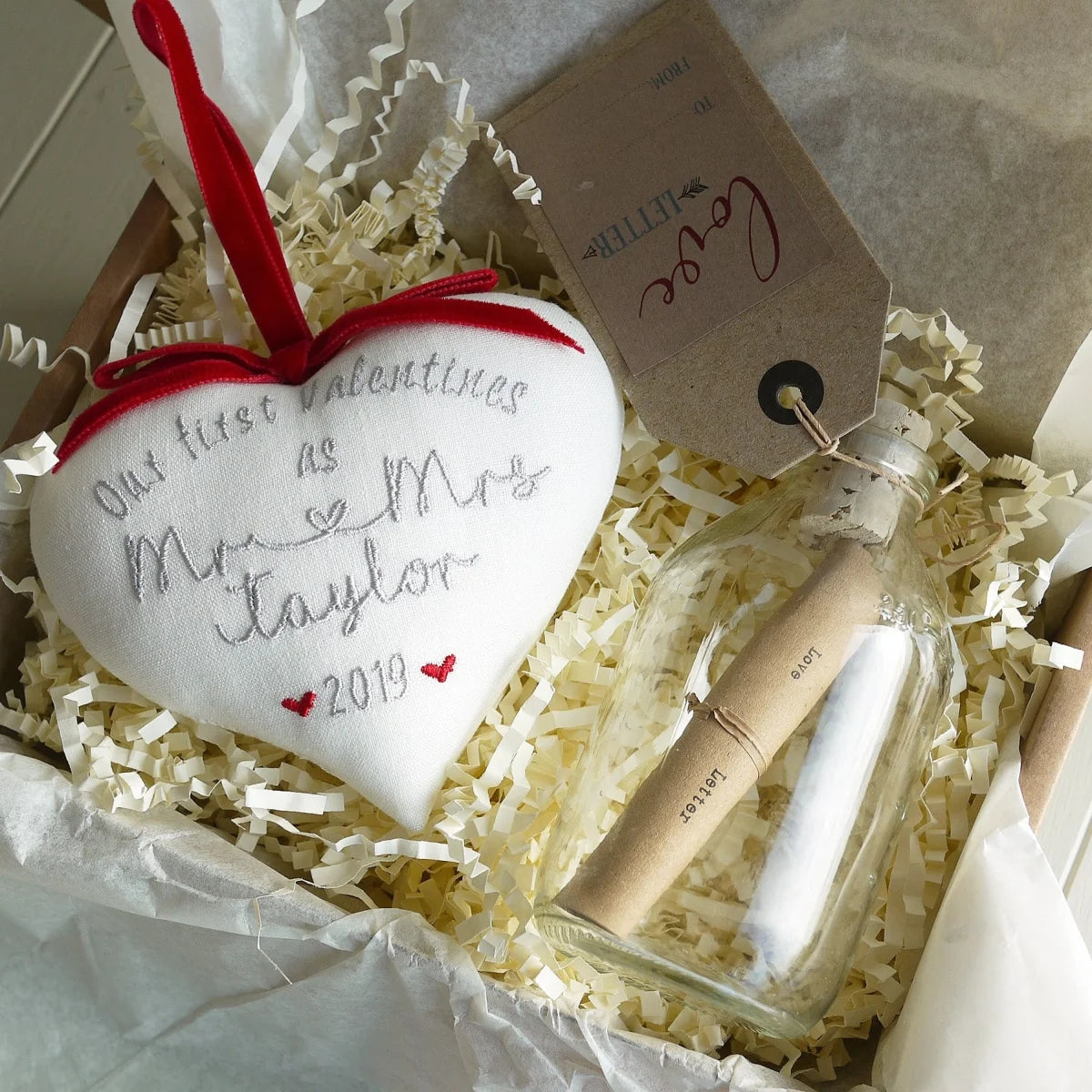 1st Valentines as Mr & Mrs Gift Heart with Love Letter Inside a Glass Bottle