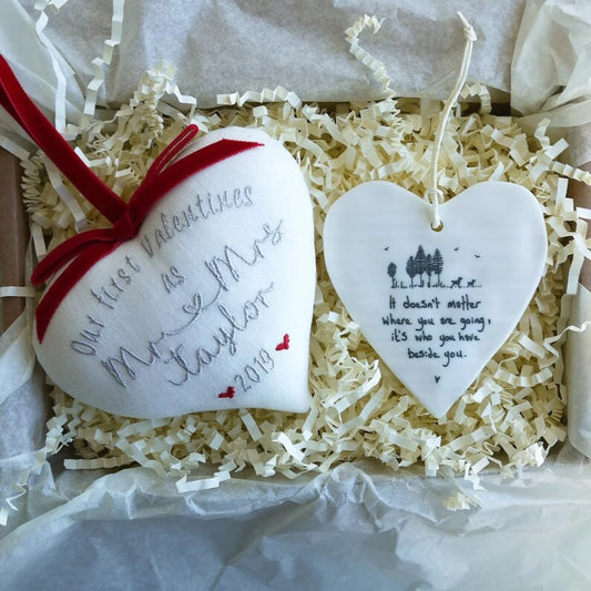 1st Valentines as Mr & Mrs Gift Heart with Porcelain Heart Decoration