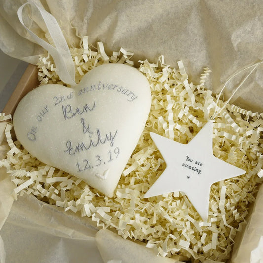 2nd Anniversary Personalised Gift Heart with Porcelain Star 2nd Cotton Anniversary Gifts