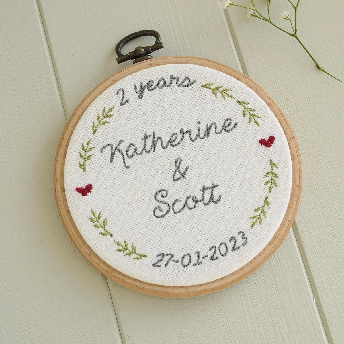 2nd Cotton Anniversary Personalised Gift Embroidered Hoop with Porcelain Keepsake