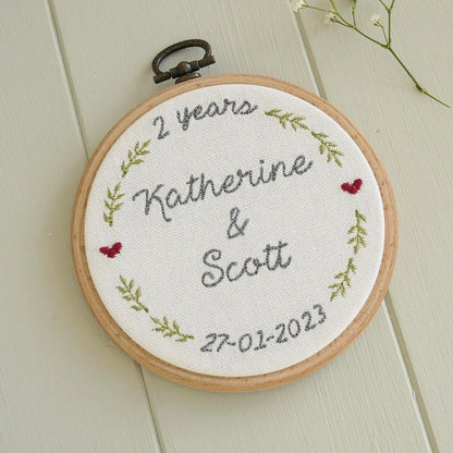 2nd Cotton Anniversary Personalised Gift Embroidered Hoop with Porcelain Keepsake