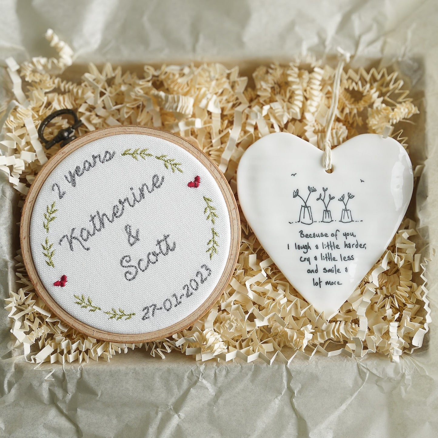 2nd Cotton Anniversary Personalised Gift Embroidered Hoop with Porcelain Keepsake
