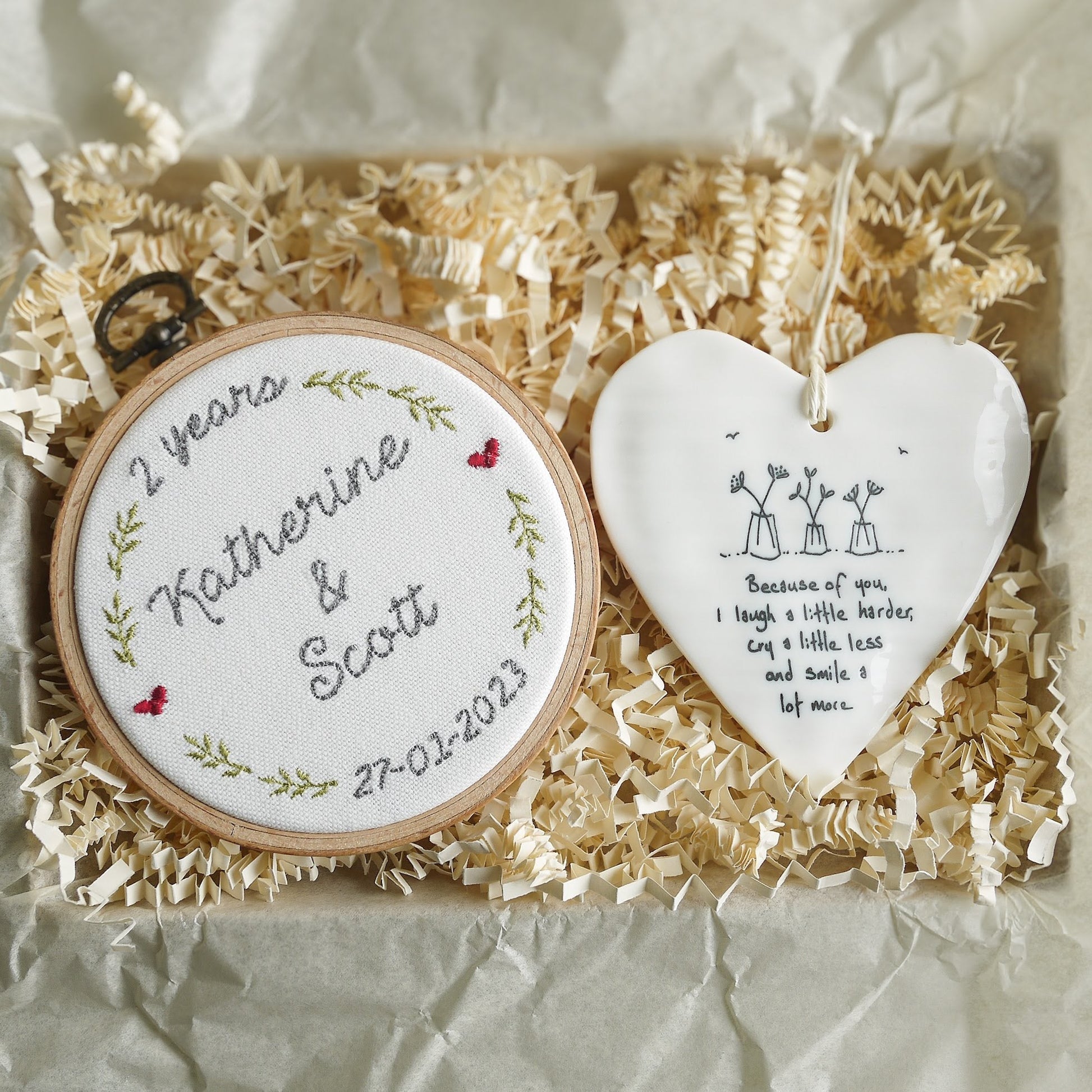 2nd Cotton Anniversary Personalised Gift Embroidered Hoop with Porcelain Keepsake