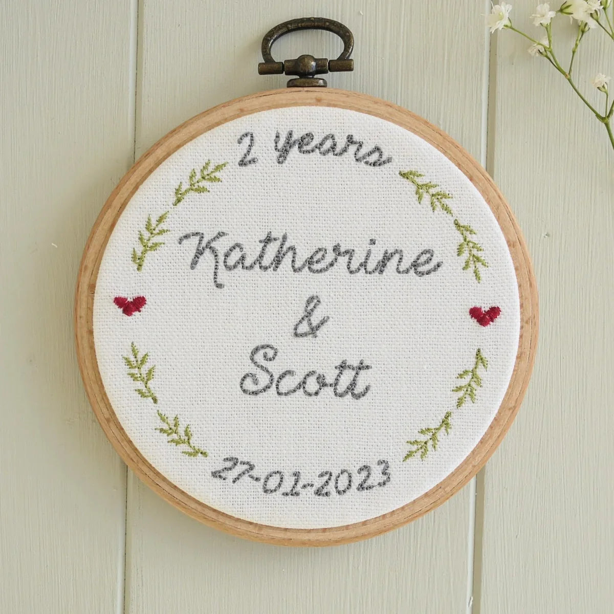 2nd Cotton Anniversary Personalised Gift Embroidered Hoop with Porcelain Keepsake