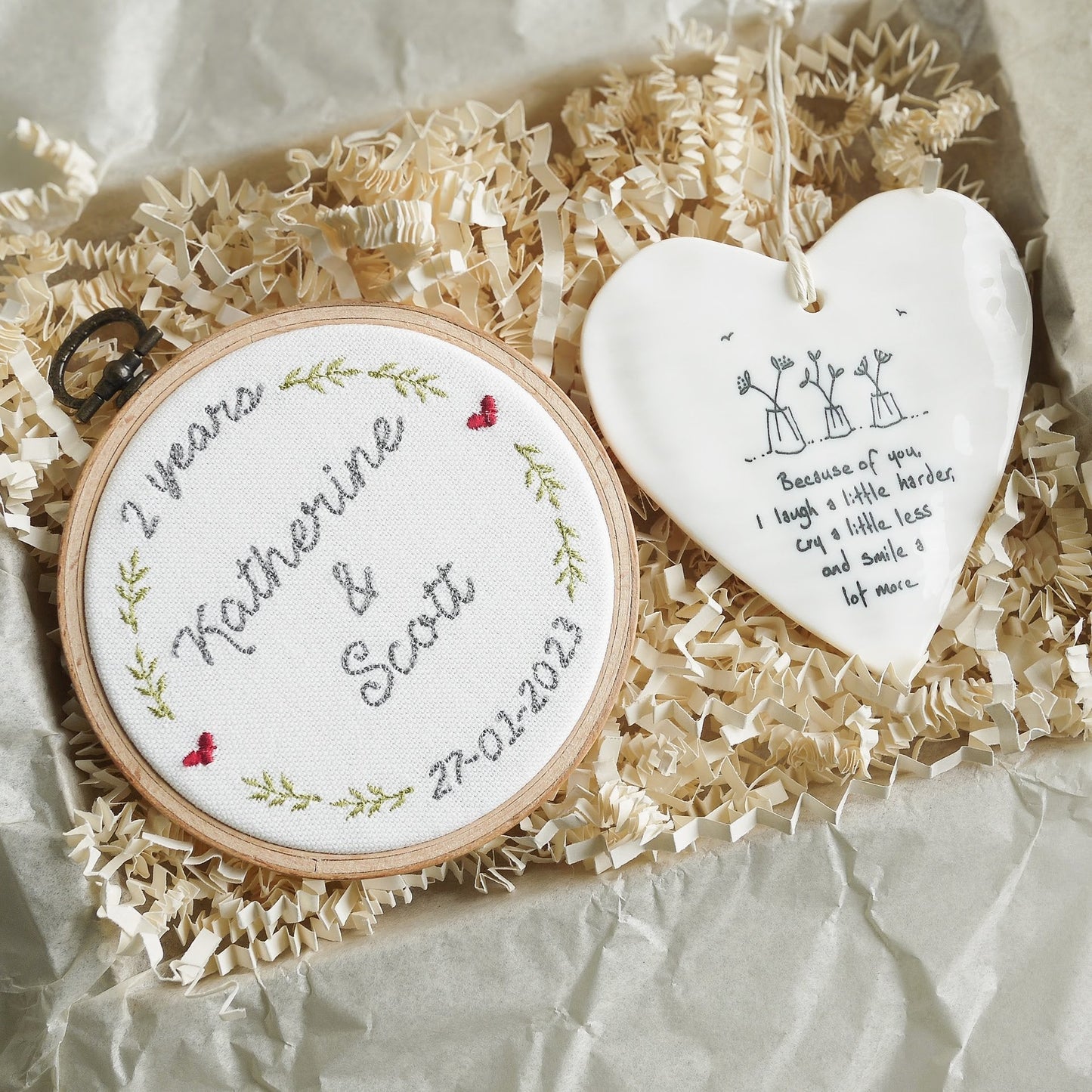 2nd Cotton Anniversary Personalised Gift Embroidered Hoop with Porcelain Keepsake