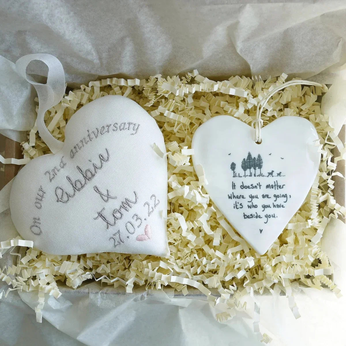 2nd Cotton Wedding Anniversary Embroidered Heart Gift with Porcelain Keepsake