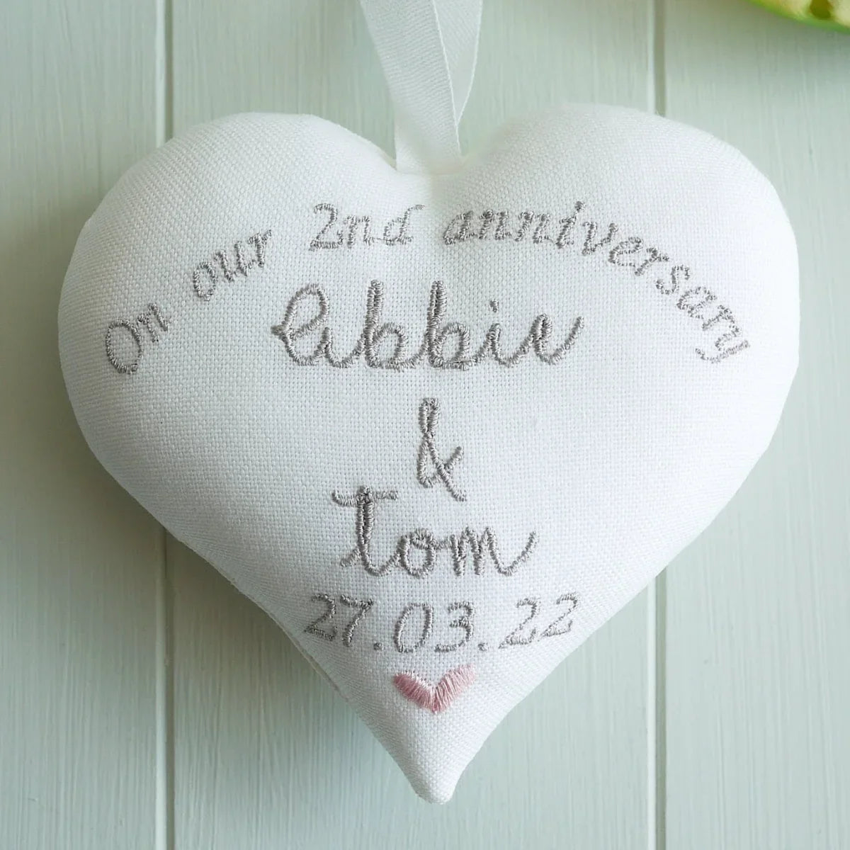 2nd Cotton Wedding Anniversary Gift - Personalised embroidered Heart