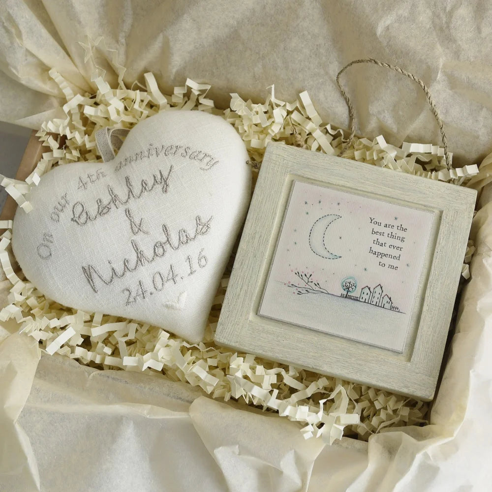 4th Anniversary Embroidered Heart with Picture 4th Linen Anniversary Gifts