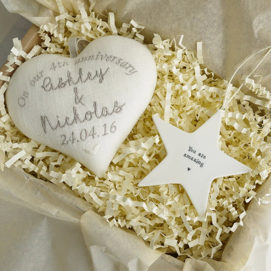 4th Anniversary Embroidered Linen Heart with Porcelain Star