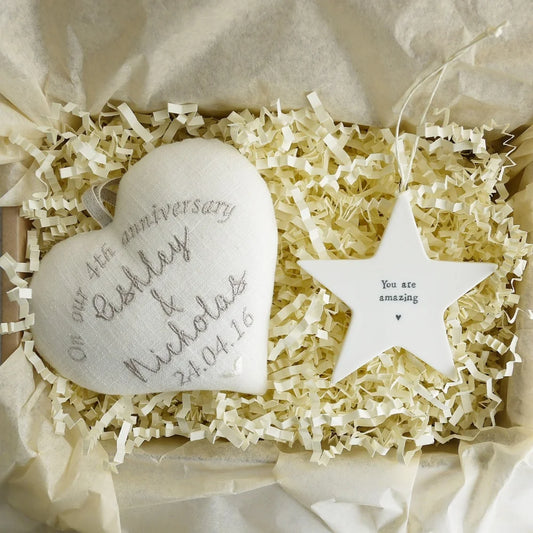 4th Anniversary Embroidered Heart with Porcelain Star 4th Linen Anniversary Gifts