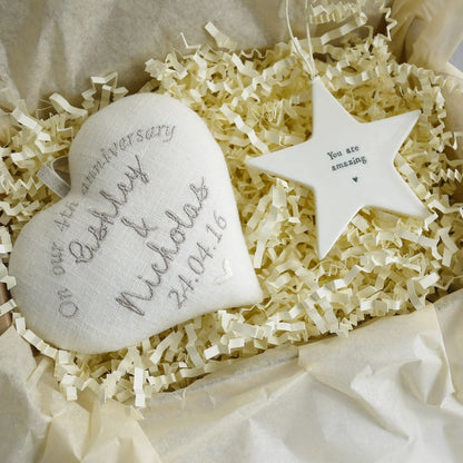 4th Anniversary Embroidered Heart with Porcelain Star 4th Linen Anniversary Gifts