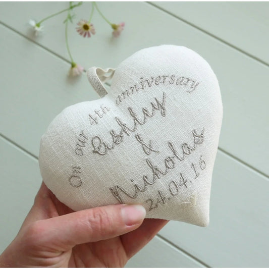 4th Anniversary Embroidered Linen Heart Gift