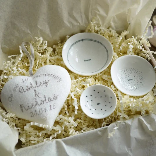 4th Anniversary Linen Gift Heart and Trio of Trinket Bowls