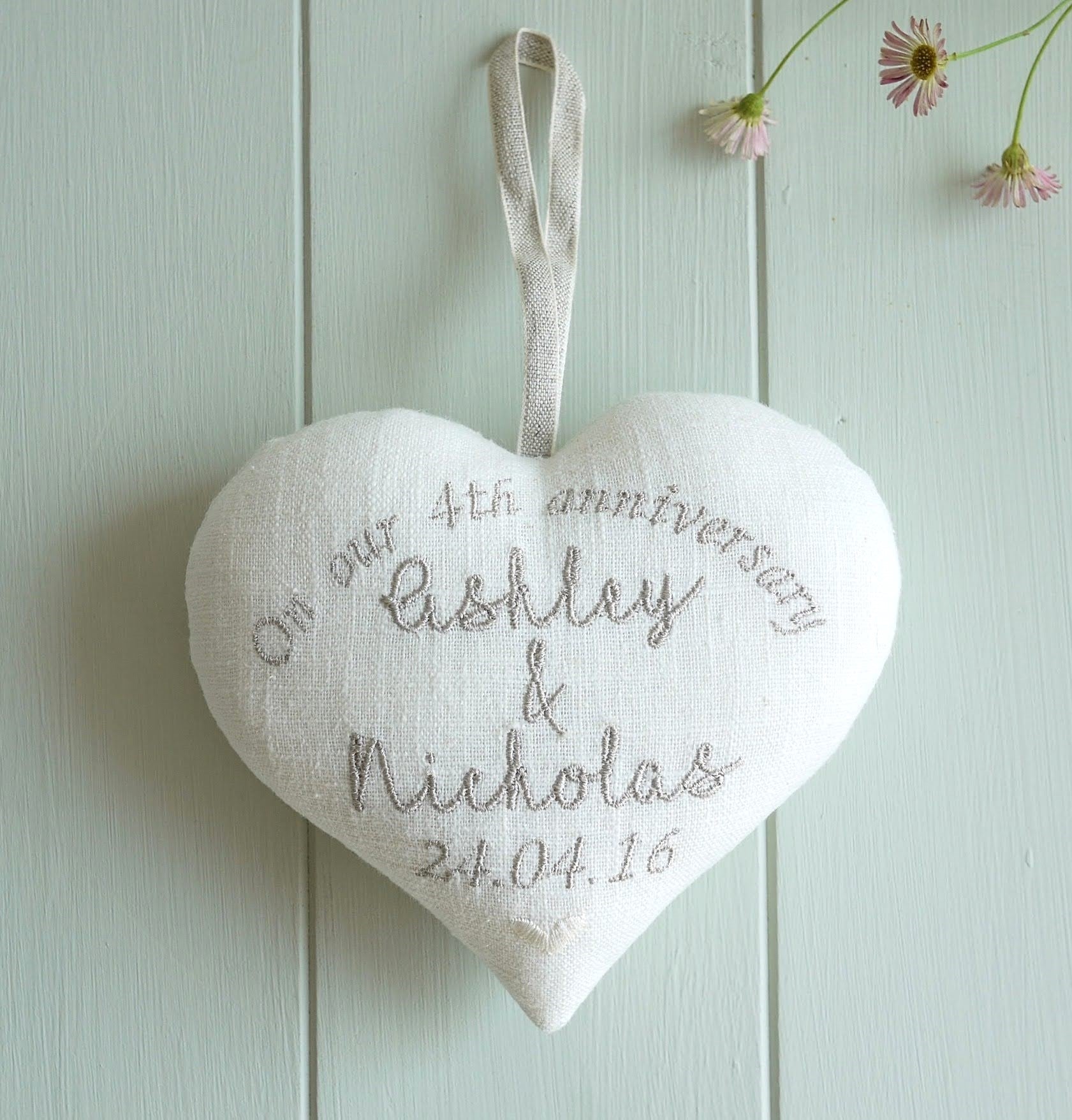 4th Linen Anniversary Embroidered Heart Gift