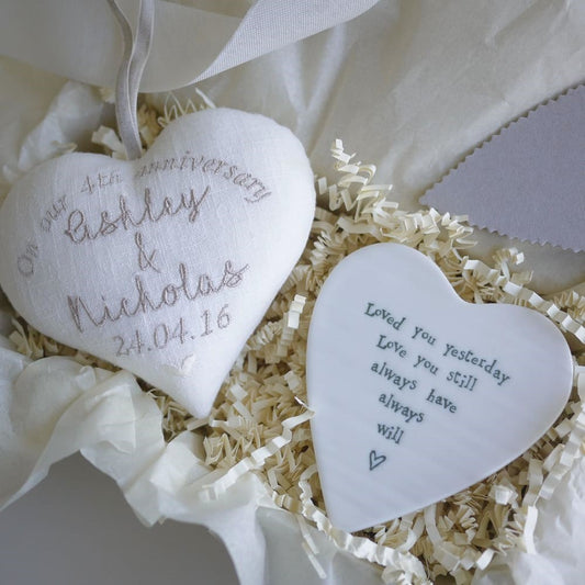 4th Linen Wedding Anniversary Heart Gift with Porcelain Coaster