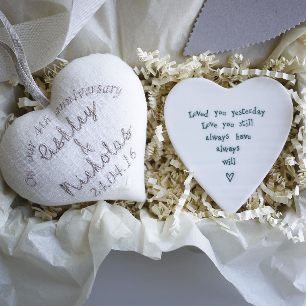 4th Linen Anniversary Heart with Porcelain Coaster