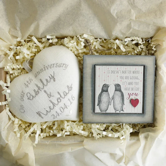 4th Linen Anniversary Personalised Embroidered Heart With Penguin Picture