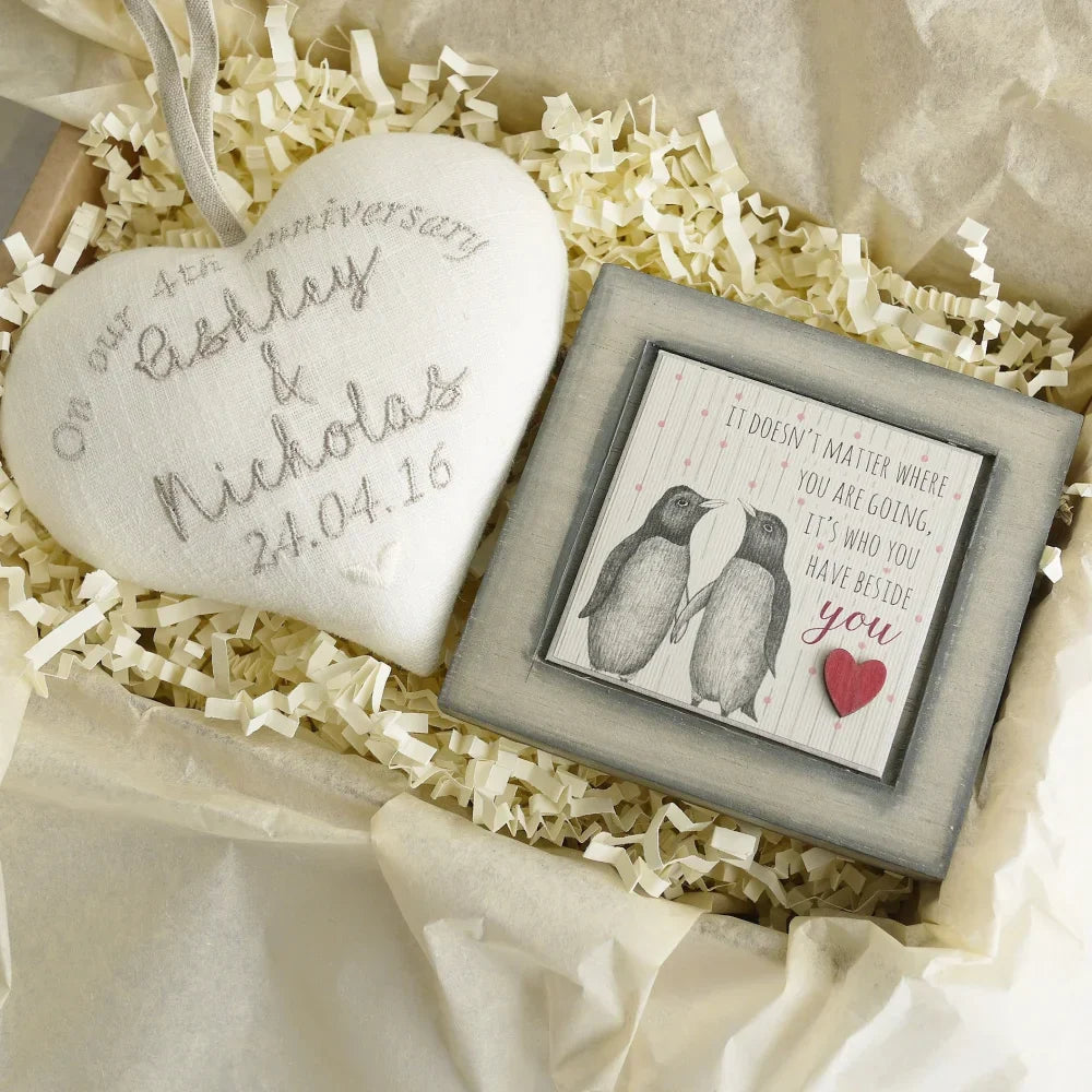 4th Linen Anniversary Personalised Embroidered Heart With Penguin Picture