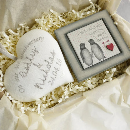 4th Linen Anniversary Personalised Embroidered Heart With Penguin Picture