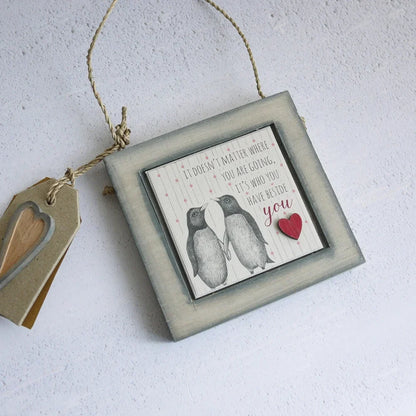 4th Linen Anniversary Personalised Embroidered Heart With Penguin Picture