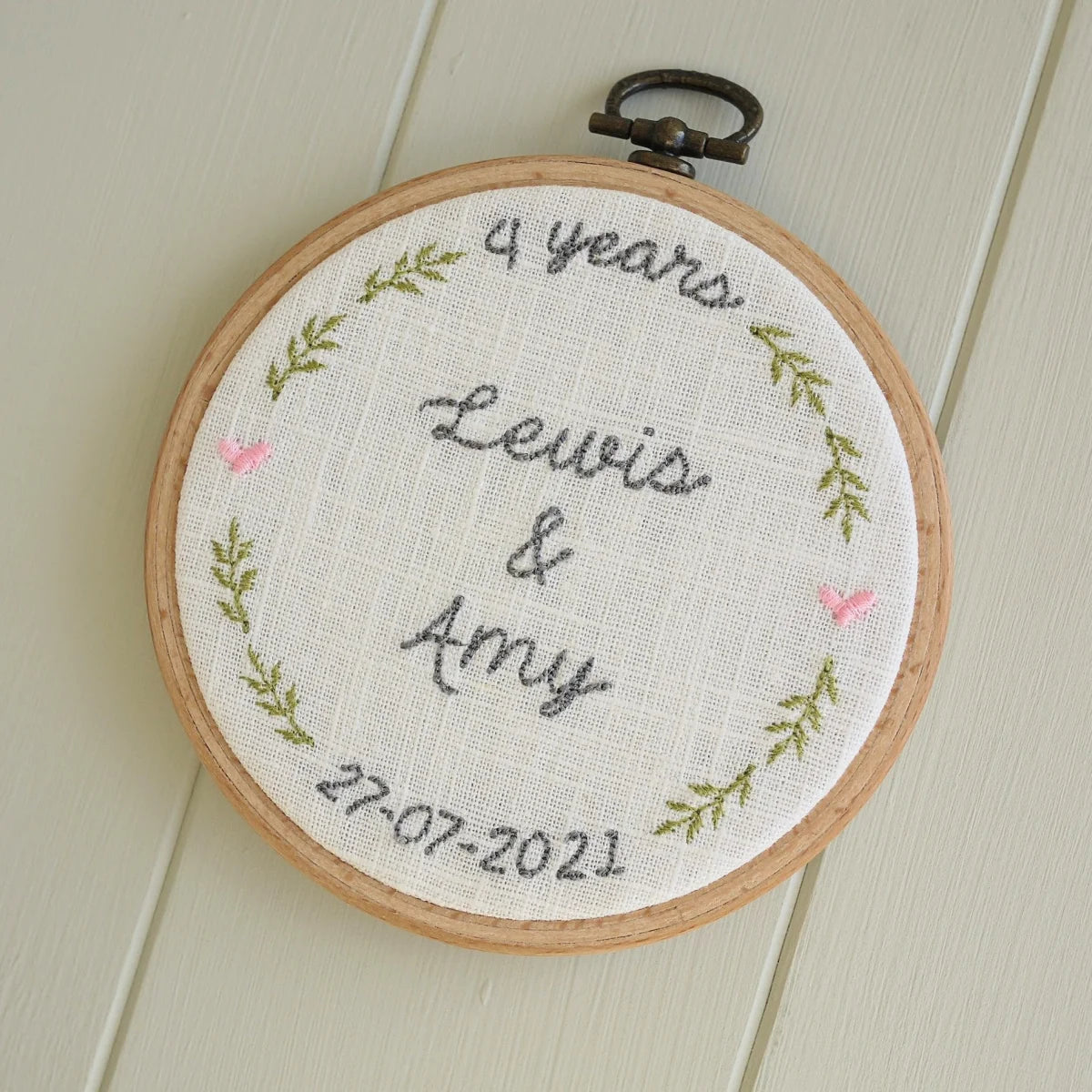 4th Linen Anniversary Personalised Gift Embroidered Hoop
