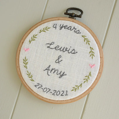 4th Linen Anniversary Personalised Gift Embroidered Hoop