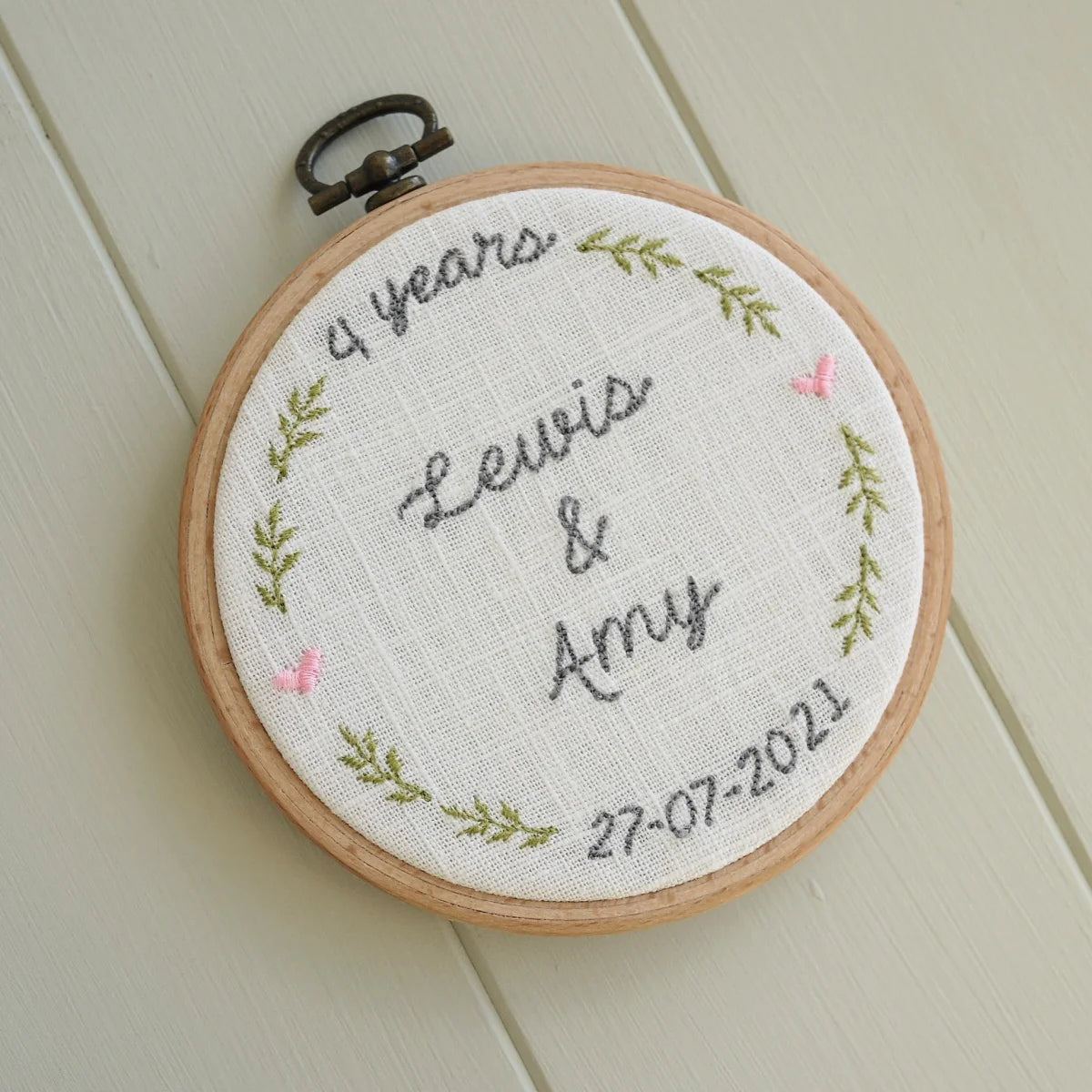 4th Linen Anniversary Personalised Gift Embroidered Hoop