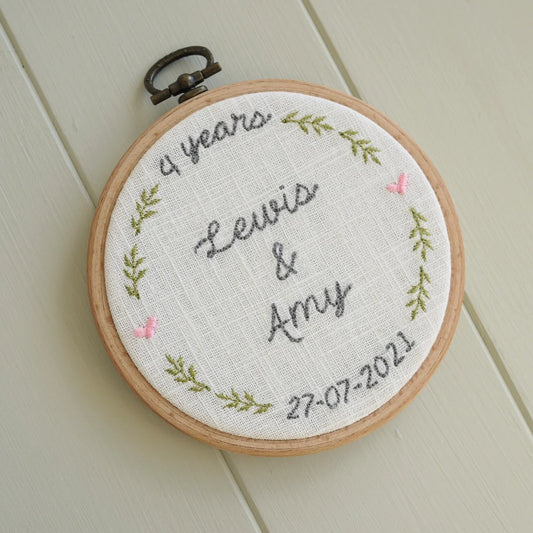 4th Linen Anniversary Personalised Gift Embroidered Hoop